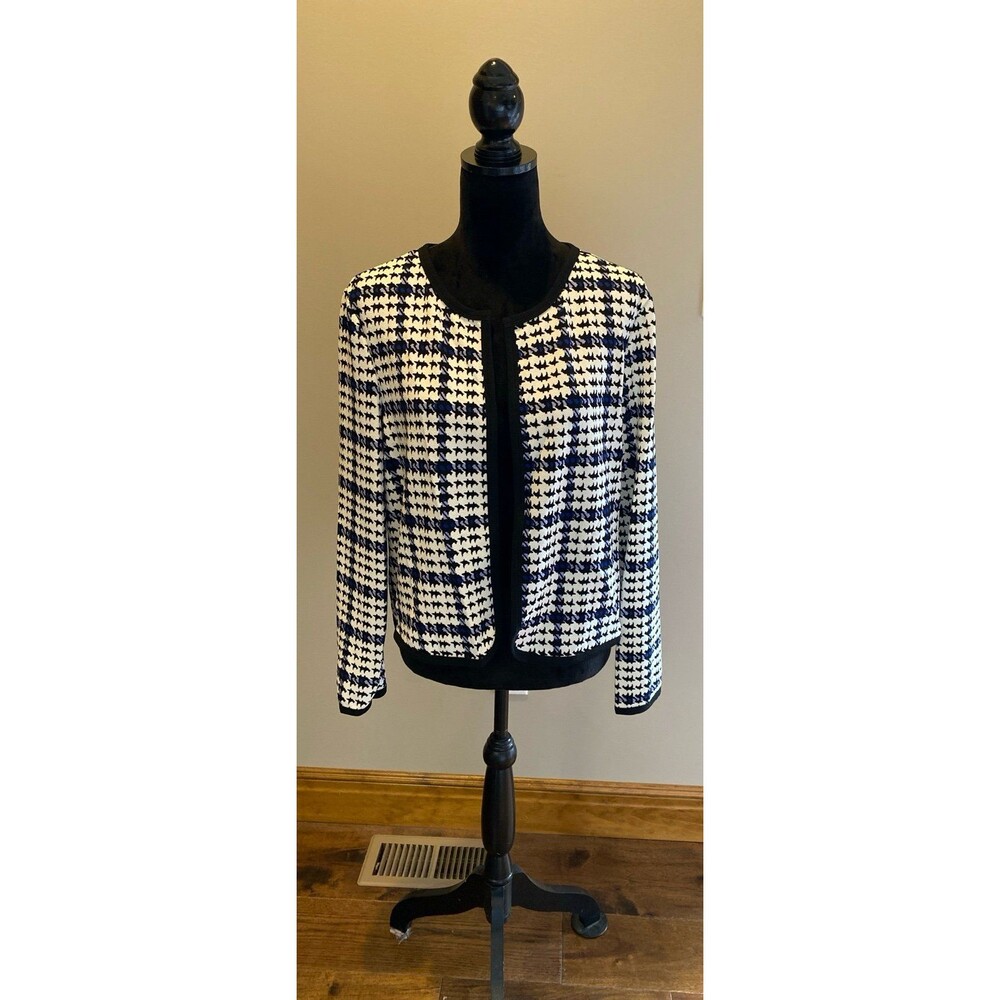 Houndstooth Plaid Blazer‎ Size Large  Blue Black White Lightweight Open Front